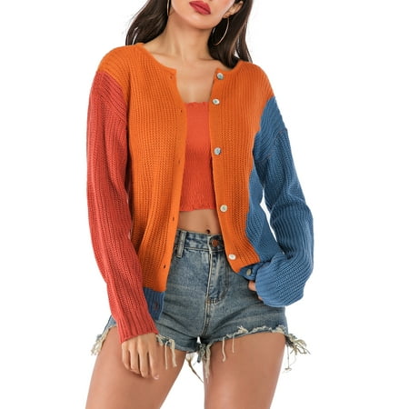 SAYFUT Womens Color Block Top Kimono Cardigan with Pockets Long Sleeve Open Front Casual Knit Sweaters Coat