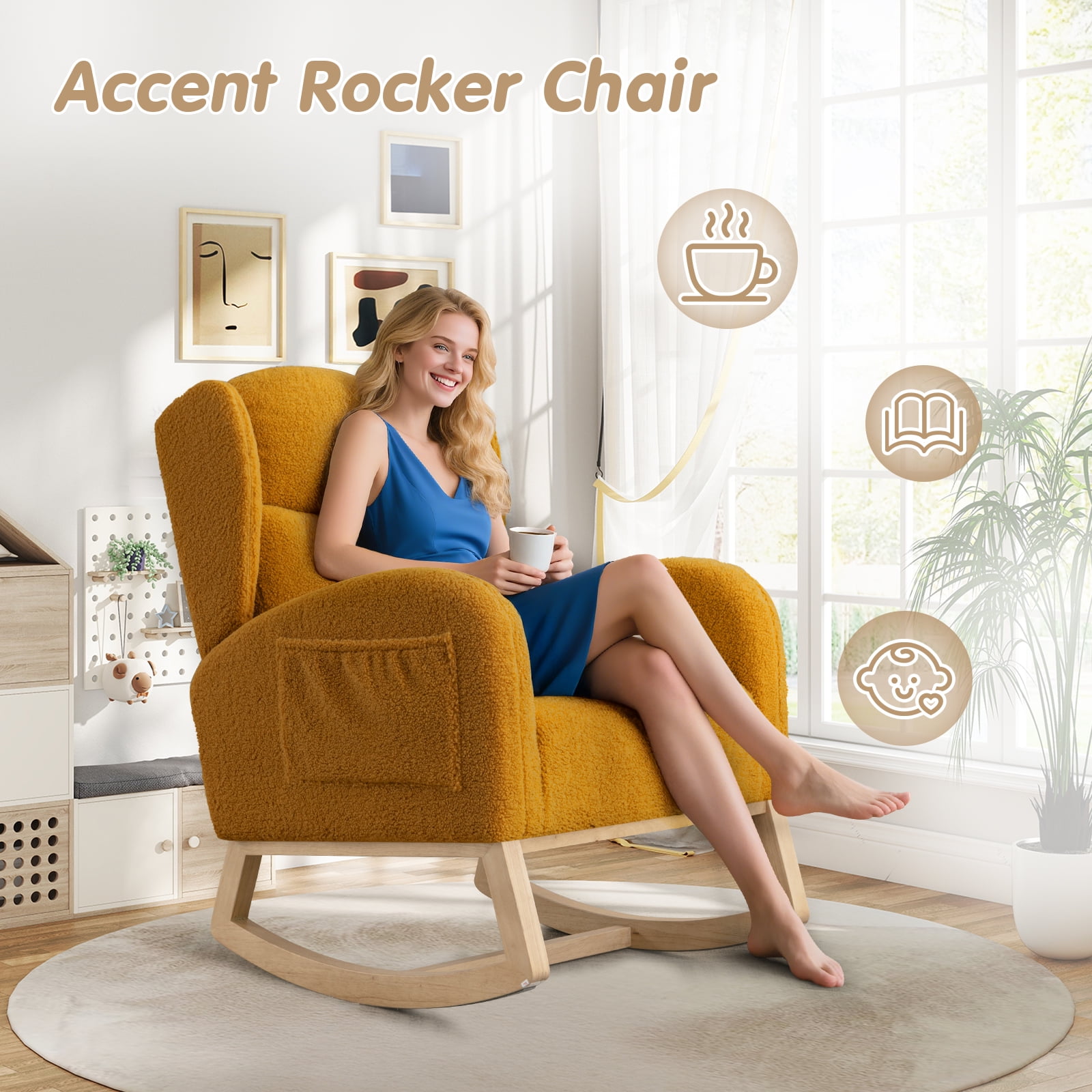 Lunale Indoor Rocking Chair, Upholstered Accent Rocker Chair with Wood Legs, Yellow Teddy