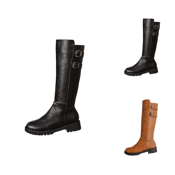 Women's Knee High Boots: Round Toe Side Zipper Motorcycle Riding Boots Low Block Heel Tall Fall Boots 2025 Style Knee High Boots With Thick Platform Heel And Belted Tall Shaft