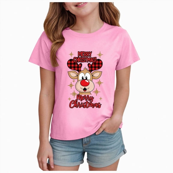 sdbrld Girls Christmas Shirts Kids Short Sleeve Xmas Ugly Graphic Tees Gift for Children Pink Sizes 3-4 Years