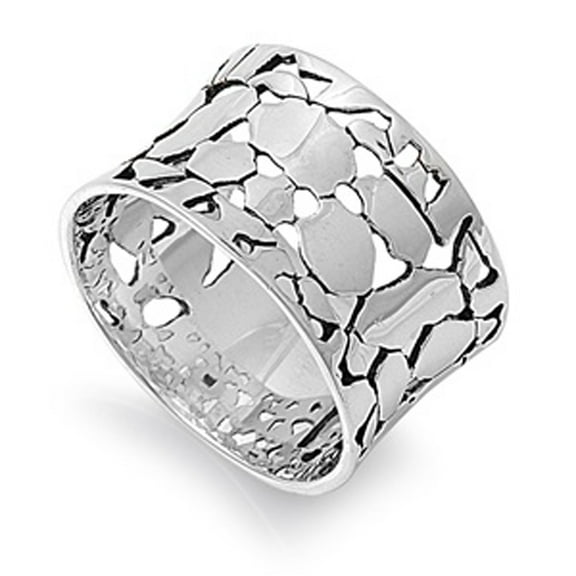 Wide Cracked Nugget Wedding Ring ( Sizes 6 7 8 9 10 ) New .925 Sterling Silver Modern Band Rings (Size 9)