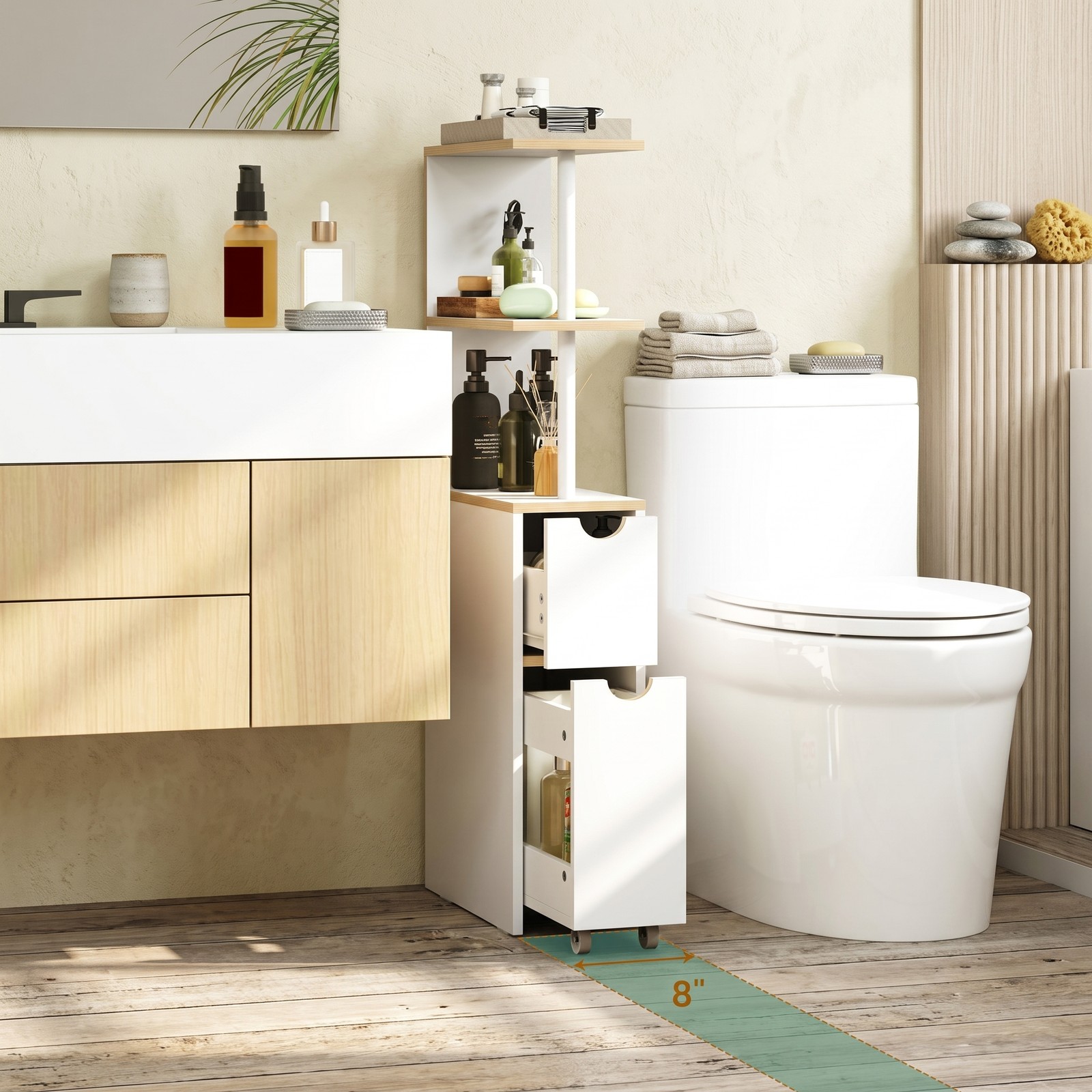 Fenbeli Slim Freestanding Bathroom Storage Cabinet, Narrow Floor Organizer with 3 Open Shelves, Pull-Out Drawer and Rolling Casters for Bathroom Living Room, White