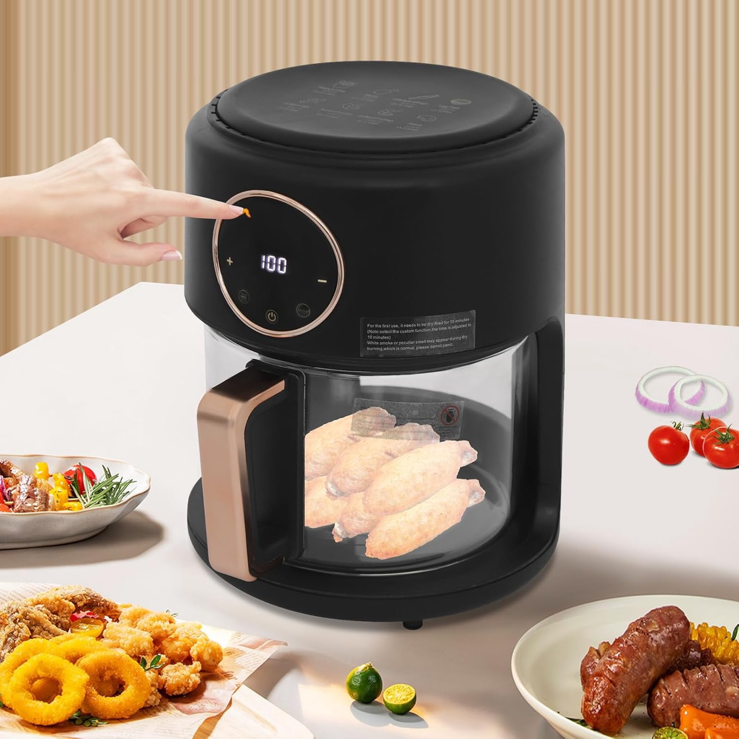 Miumaeov 1200W Glass Air Fryer,Transparent Glass Fry Bowl Touchscreen Digital Display Good Heat Dissipation and 31.5 Inch Power Cord Stainless Steel Grill Cylinder Air Fryer