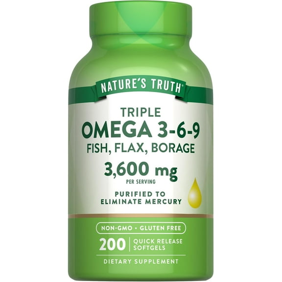 Triple Omega 3-6-9 3600 mg | 200 Softgels | Fish, Flax, Borage Oils Supplement | by Nature's Truth