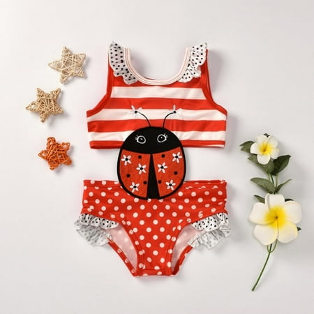 

GYRATEDREAM Baby Toddler Girls Swimsuit Swimming Costume One-Piece Cute Stripe Sleeveless Ladybug Print Bathing Suit Outfits 3-4 Years