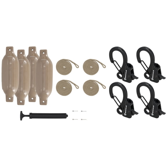 Rockville FEN445-SAND Bundle: 4 Boat Fenders 4.5 x 16 Inch with Lines, Pump and Needles, RQA-4 Quick Release Fender Clips, Marine Dock Kit, 17-items