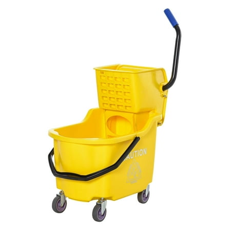 34 Quart Mop Bucket with Wringer - Yellow Commercial Cleaning Bucket on Wheels - Heavy Duty PP Plastic Side Press Wringer Bucket with Handle