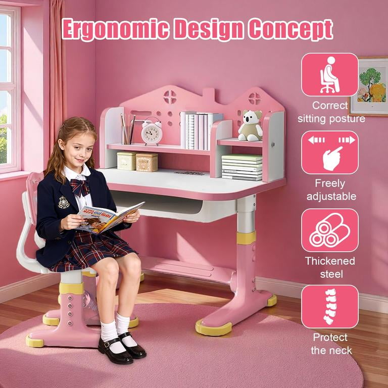 YNCE Kids Desk and Chair Set Adjustable School Study Desk with Castle Backboard, Wide Tabletop, Bookstand & Storage Drawer for Children's Room
