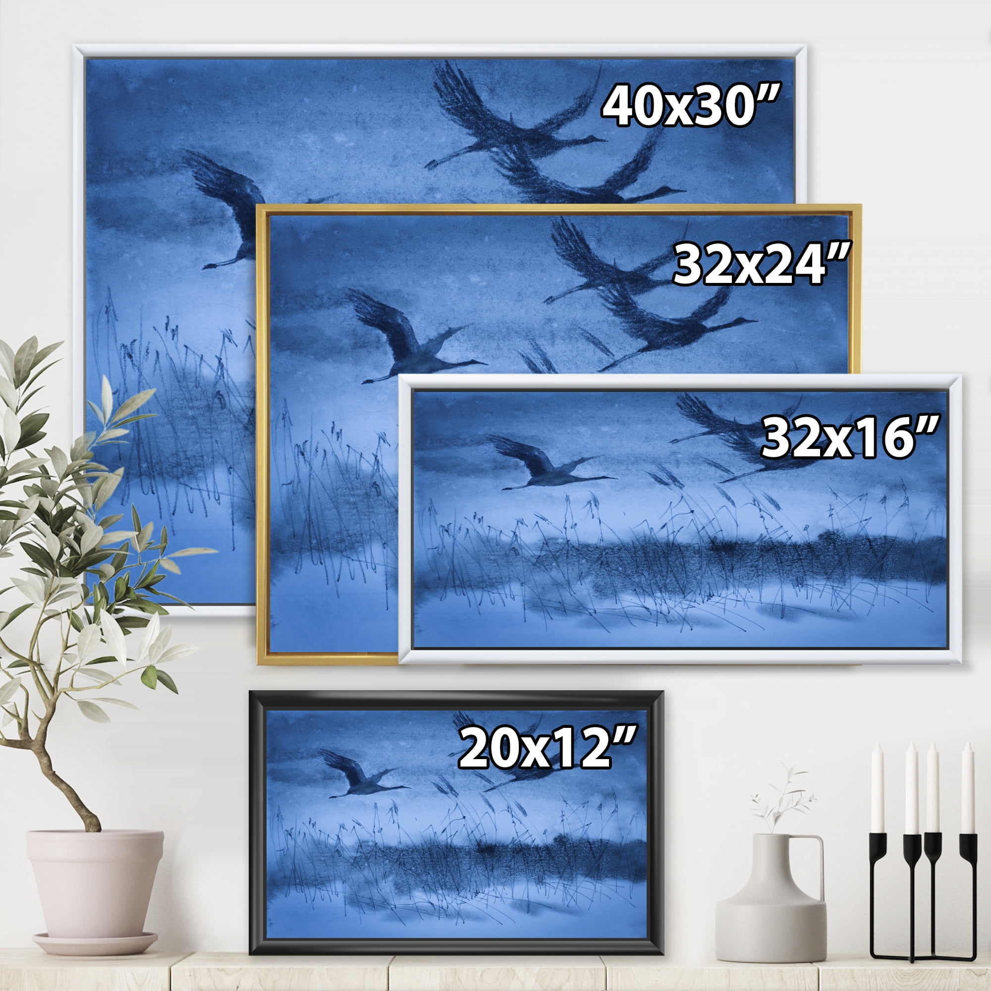 Designart 'Cranes In Flight During Blue Evening Light' Traditional Framed Canvas Wall Art Print