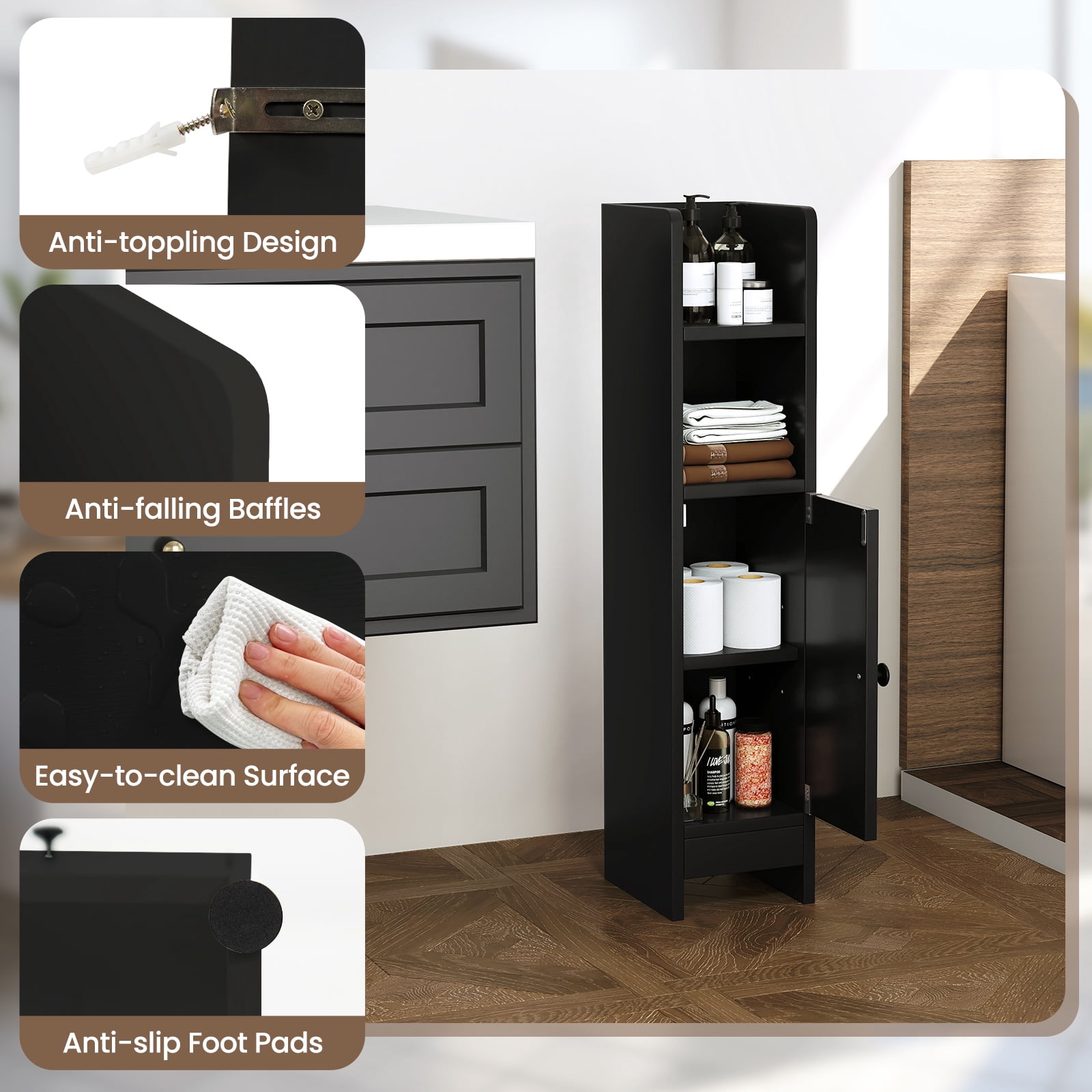 Giantex Slim Corner Bathroom Cabinet, Narrow Floor Cabinet w/ 3-Level Adjustable Shelf, Freestanding Storage Organizer, Black
