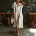 thumbnail image 5 of LNWUY Women's V Neck Linen Maxi Dress with Lace Trim Short Sleeve Solid Color Loose Pocket Long Dress Summer Casual Beach Dress White XXL, 5 of 7