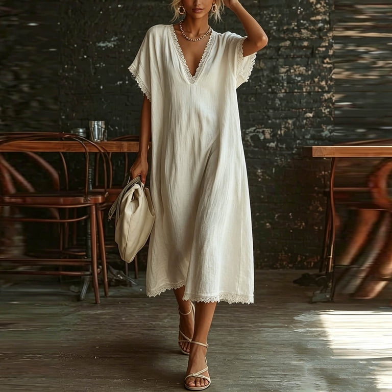 loose fitting work dresses Guieoi Womens Dresses Plus Size Short Sleeve Work Dresses Solid-Color Button-Down Business Dress with Lapel, Loose Fit, Vertical Stripes White XXL,