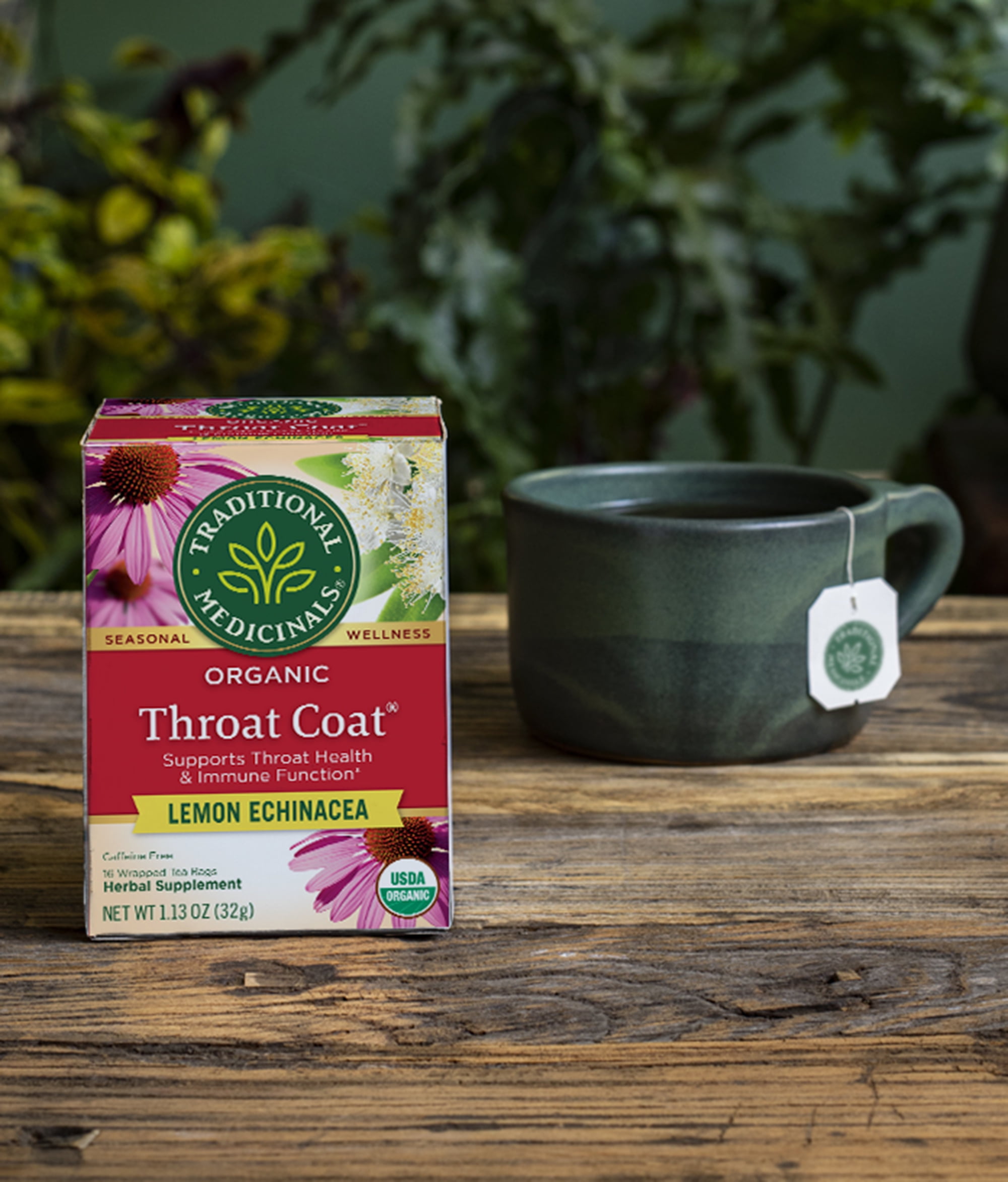 (4 pack) Traditional Medicinals, Organic Throat Coat Lemon Echinacea, Tea Bags, 16 Ct