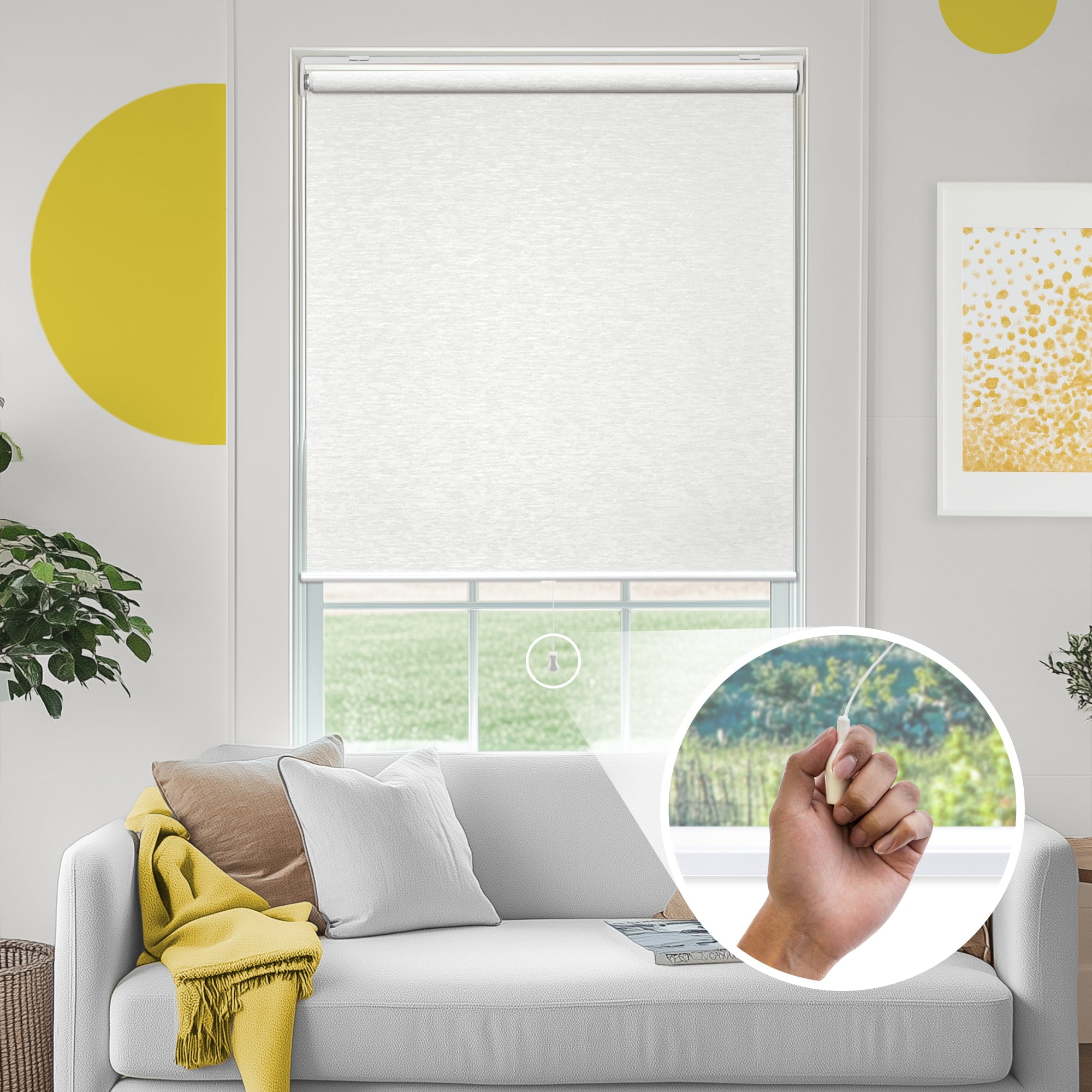 Yellow Blinds 51"W X 72"H Cotton White Cordless Light Filtering UV Protection Polyester Roller Shade for Window