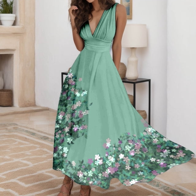 WILLBEST Vestidos de Algodon para Mujer, Vestidos Cómodos, Vestido de Trabajo sin Mangas, Manga Corta, Estampado, Cuello En V, Vestido de Moda para Mujer, Vestido Largo Grande