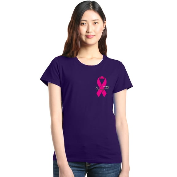 Shop4Ever Women's Pink Breast Cancer Ribbon Pin Breast Cancer Graphic T-Shirt XX-Large Purple