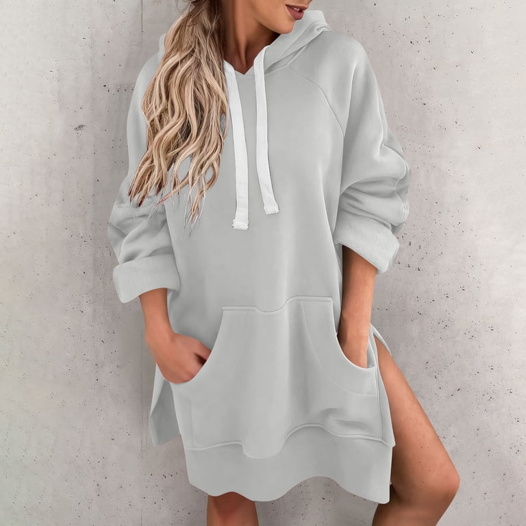 oversized white hoodie dress Asymmetrical White Maxi Hoodie Dress: Oversized Cotton Tunic with Pockets