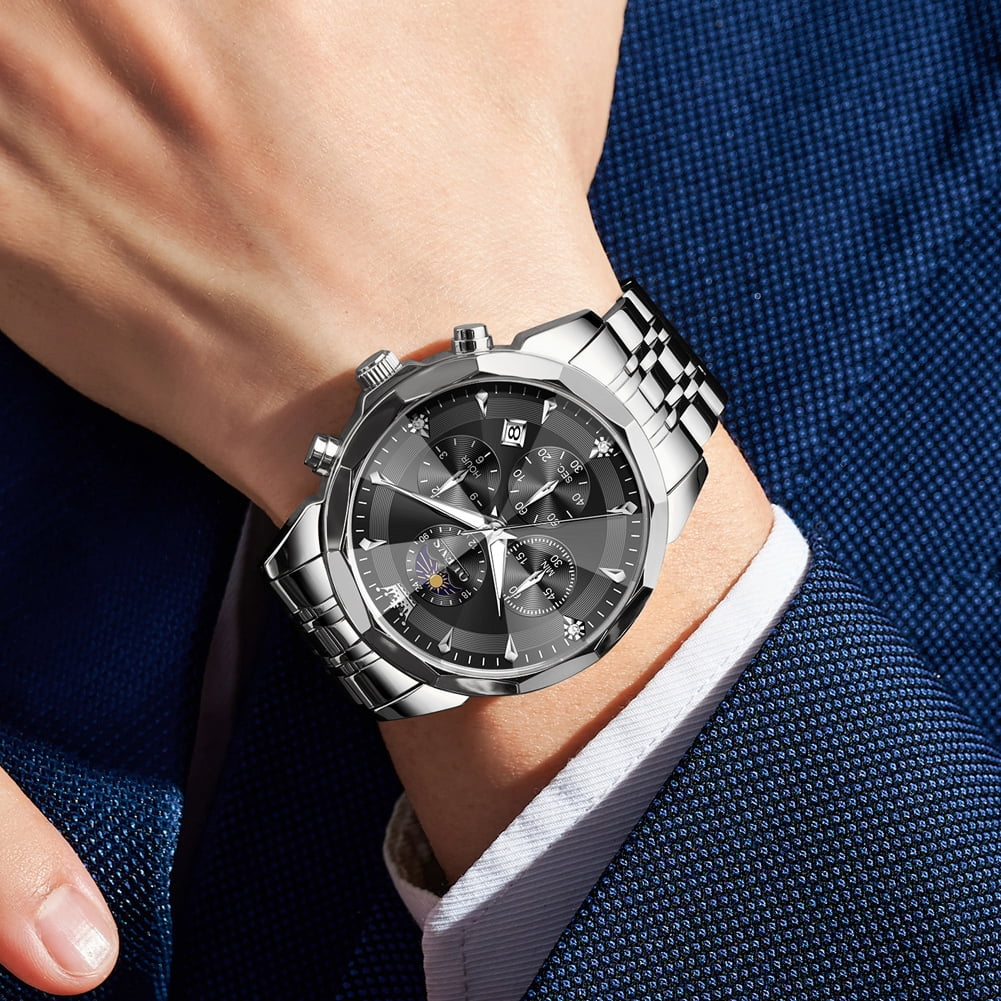 OLEVS Watches For Men Business Dress Luxury Casual Chronograph Multifunction Analog Quartz Stainless Steel Waterproof Luminous Moon Phase Date Men Wrist Watches Reloj Para Hombre Black Dial