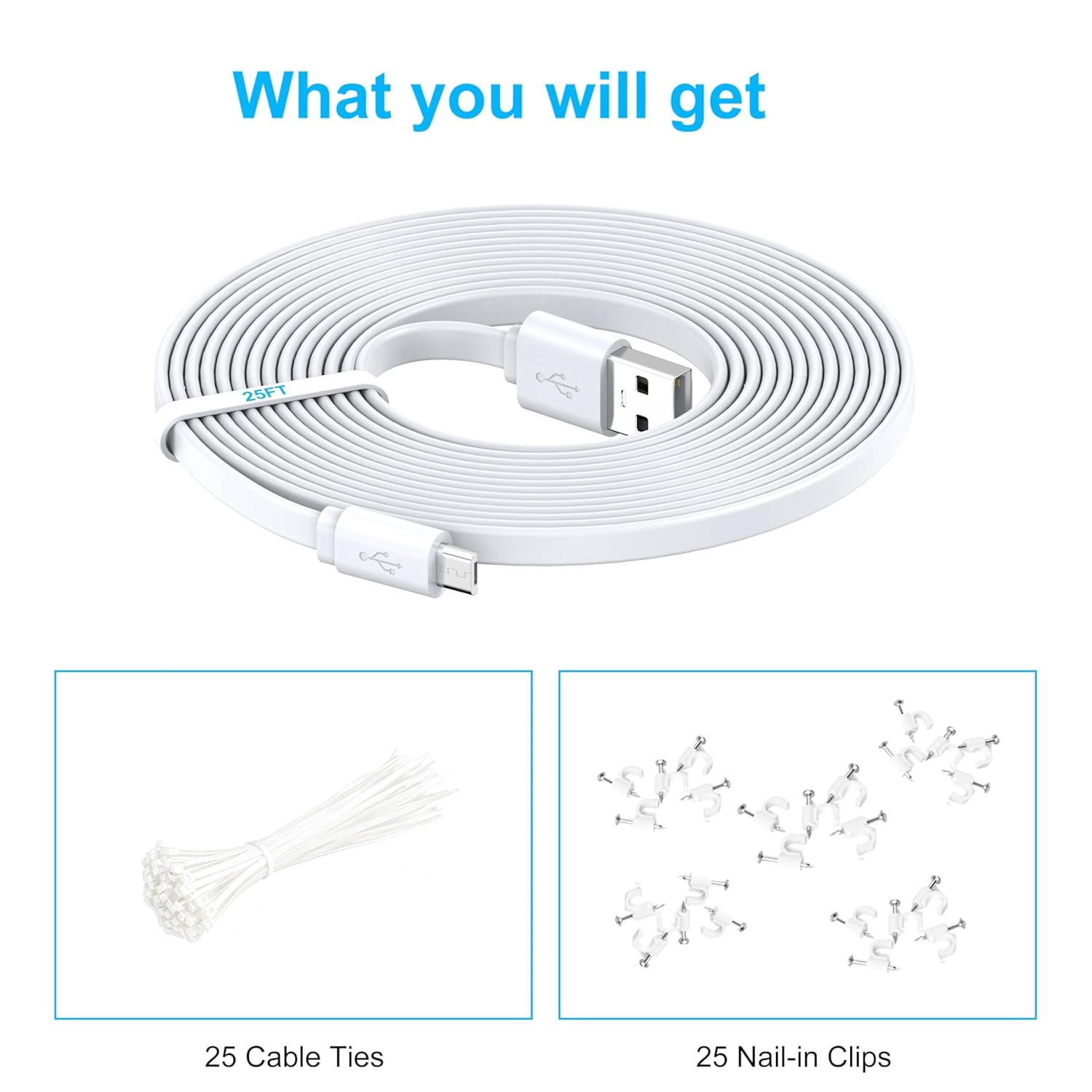 JJEAN-2 Pack 25FT Power Extension Cable,Flat Extension USB to Micro USB Charging Cord,Compatible with Wyze Cam v4/v3/OG/v3 Pro,Blink,Nest Cam Indoor,Fire Kindle(Not for Wyze Cam Pan v3,Not Type-C)