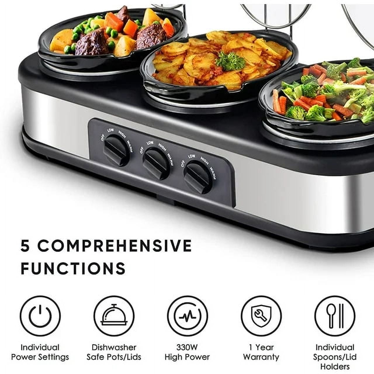  Triple Slow Cooker, 3×1.5 QT Buffet Servers and Warmers, 3 Pots  Buffet Slow Cooker Adjustable Temp Lid Rests Stainless Steel Manual Silver  for Parties Holidays Families: Home & Kitchen
