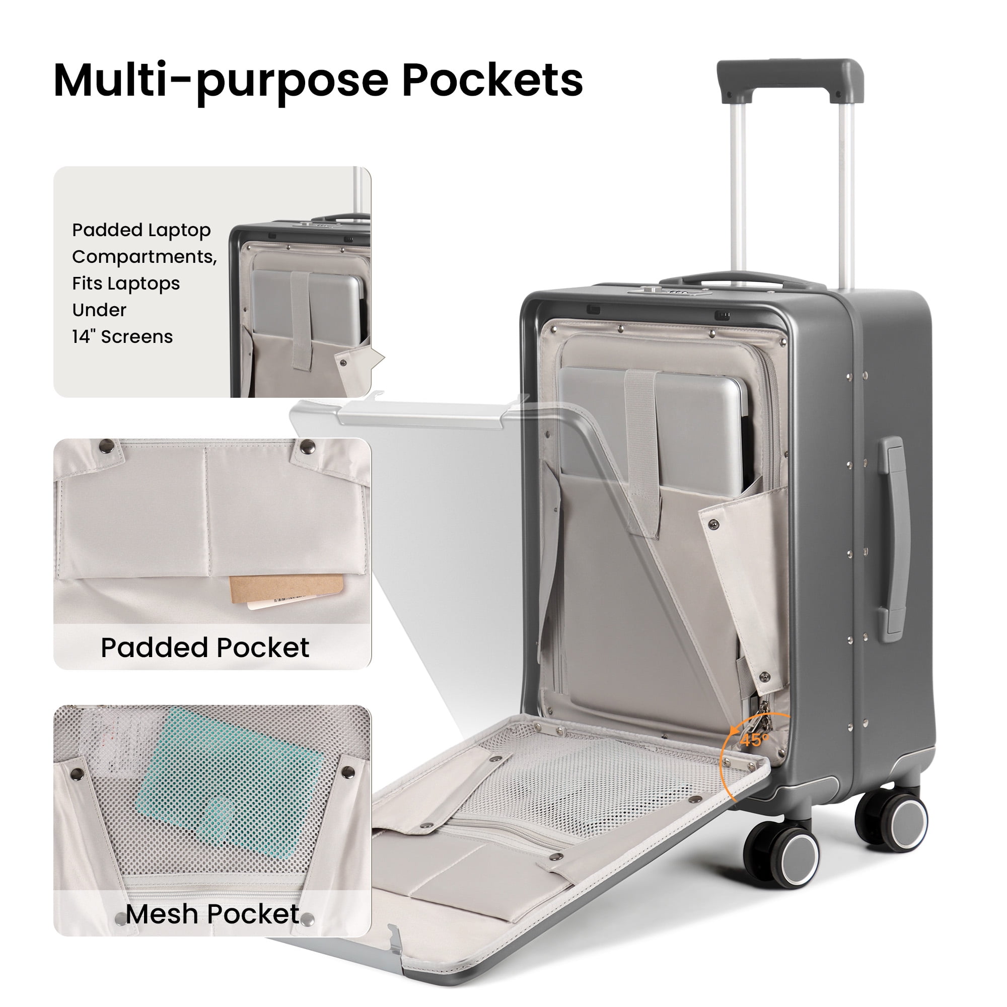 New York Xpress 20" Zipperless Carry-on Luggage, Hardside Aluminum Frame Suitcase with Spinner Wheels, TSA Approved, Grey - LA266