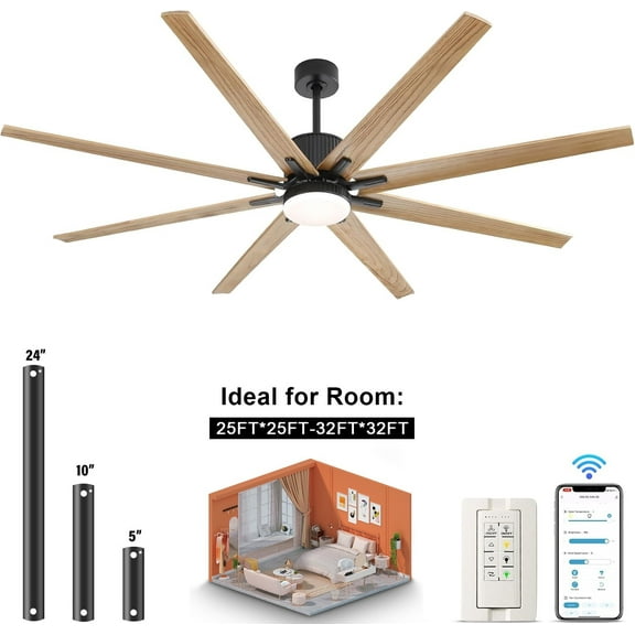 76" Soild Wood Smart Ceiling Fan with Lights and Remote Phone Control Farmhouse