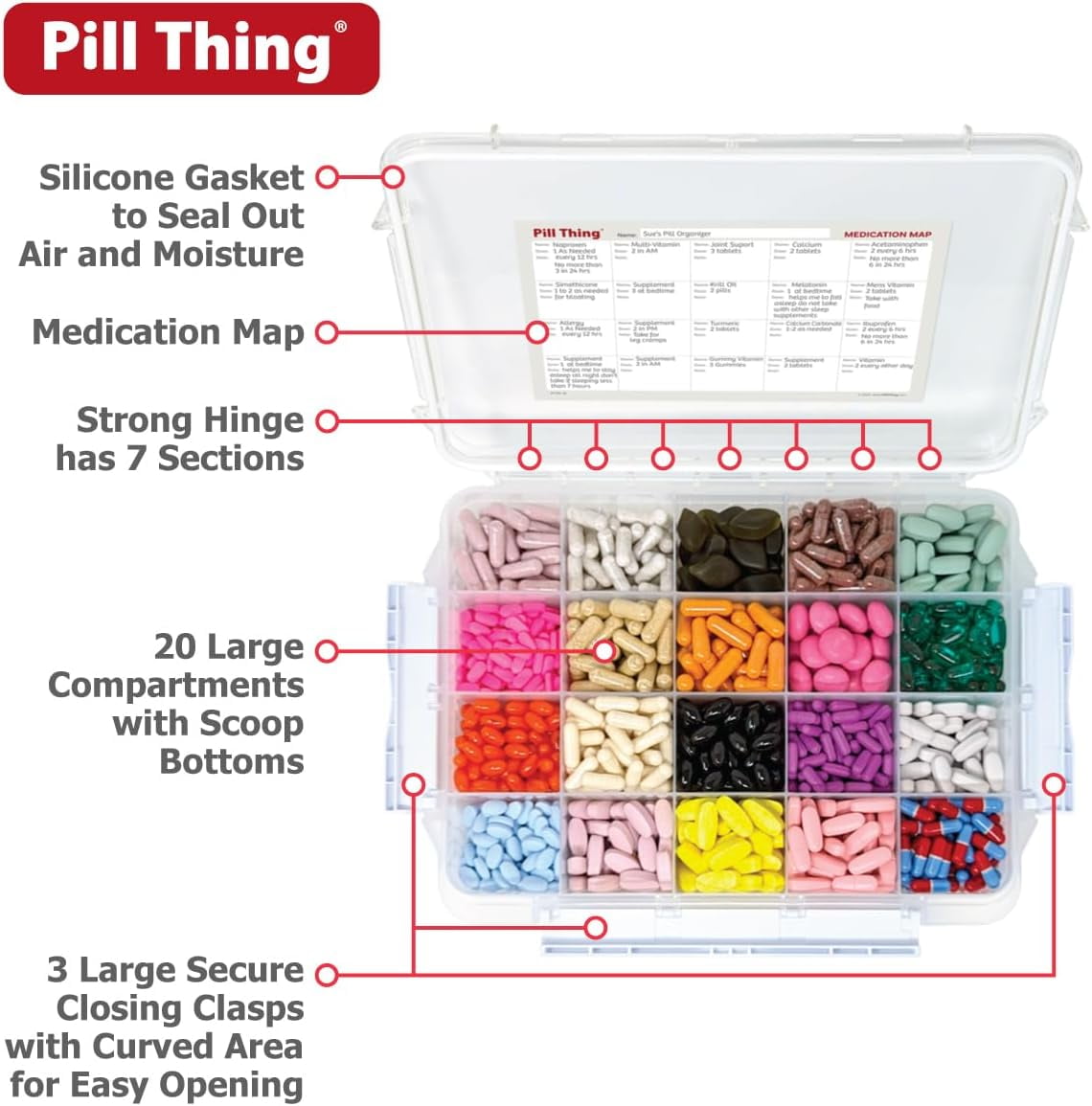 Portable Durable Airtight Waterproof 20 Compartment Large Pill Case with Silicone Gasket and Medication Map, 1 Pack