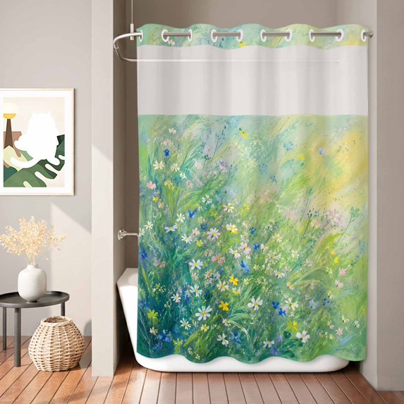 No Hook Shower Curtain, Wildflower Meadow Shower Curtains for Bathroom with See Through Top Window, Lush Green Grass Botanical Cottagecore Waterproof & Washable Bath Curtain 60"x72"