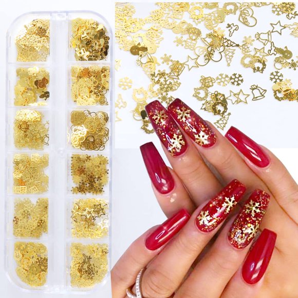 Arte de uñas navideño con purpurina, 12 rejillas, dijes de uñas con copos de nieve dorados, copos de nieve, muñecos de nieve, campana de alce, regalo, árbol de Navidad, diseño de uñas navideñas, confe