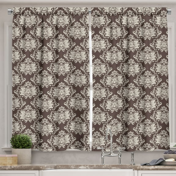 Ambesonne Damask Kitchen Curtains, Victorian Blooming Foliage, 55"x39", Brown and Beige