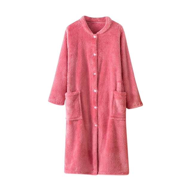 HAiming Womens Long Robe Soft Fuzzy Bathrobe Button up Housecoat Fleece Spa Bath Robe Nightwear Pockets Warm Loungewear