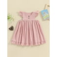 thumbnail image 2 of Suealasg Kids Girls Summer Clothes 6M 1T 2T 3T 4T Flying Sleeve Round Neck Button Decor A-Line Dress Toddler Girls Casual Party Dress Clothing, 2 of 9