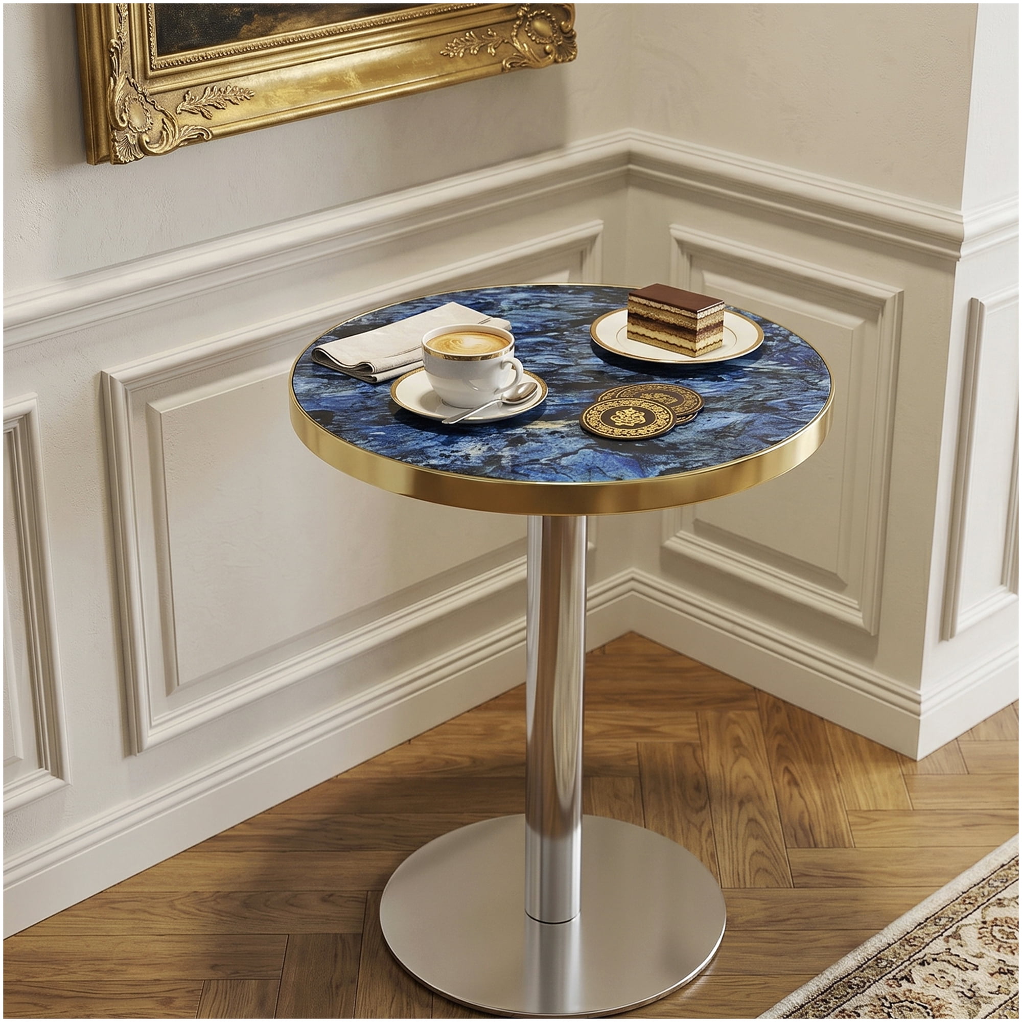 Round Dining Table with Faux Marble Top and Stainless Steel Edge MDF and Metal Construction