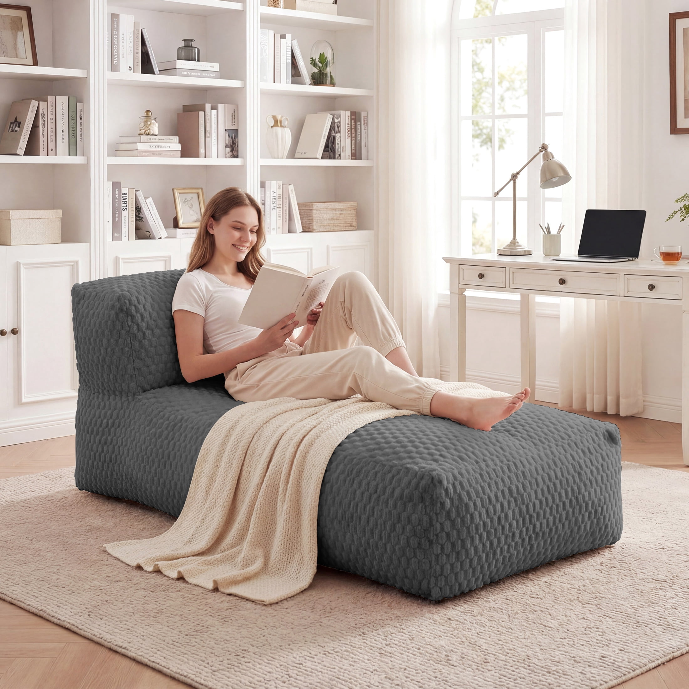 Poshby Big Bean Bag Lounger Chair for Adults, Large Flannel Plush Beanbag Sofa Chair for Living Room or Bedroom, Grey
