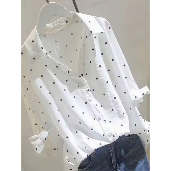 Women's Polka Dot 3/4 Sleeve Blouse - Collar, Button Front And Tie Cuff Top Vacation