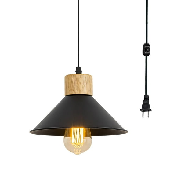 FSLiving Pendant Light with 15ft Plug in Dimmer Switch Black Cord E26 Wooden Base Retro Black 8.7" Metal Shade Hanging Lamp for Dining Table Corner,Customizable (Bulb Sold Separately) - 1 Light