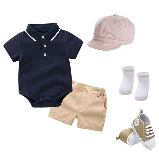 MIASHUI Costumes pour Garçons Ensemble 5 Pcs Barboteuse Shorts Chapeau Chaussures, Bleu, 6-12 Mois