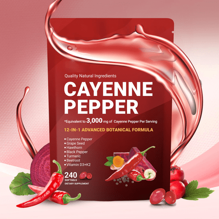 Cayenne Pepper Capsules with Capsaicin, Vitamin E D3 K2, Plus Grape Seed, Beetroot & Turmeric Extracts — Support Leg Veins, Heart Health & Blood Circulation, 240 Softgels