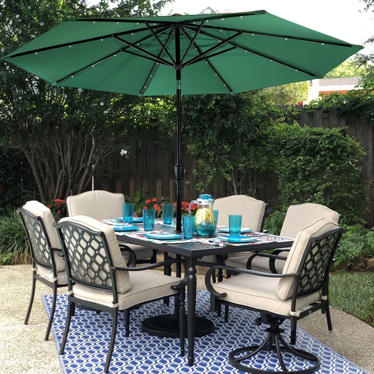 lighted olefin patio umbrella WestinTrends 10 ft Outdoor Solar LED Cantilever with Base Weights, Dark Green 240g/m Reviews for Sonkuki 9 ft.