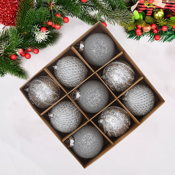 Yhmxh 3.15" Christmas Ball Ornaments 9 pcs Glitter Sequin Balls Christmas Tree Balls Shatterproof Christmas Decorations Plastic Hanging Pearl Balls for Xmas Trees,Holiday Party on Clearance - Silver
