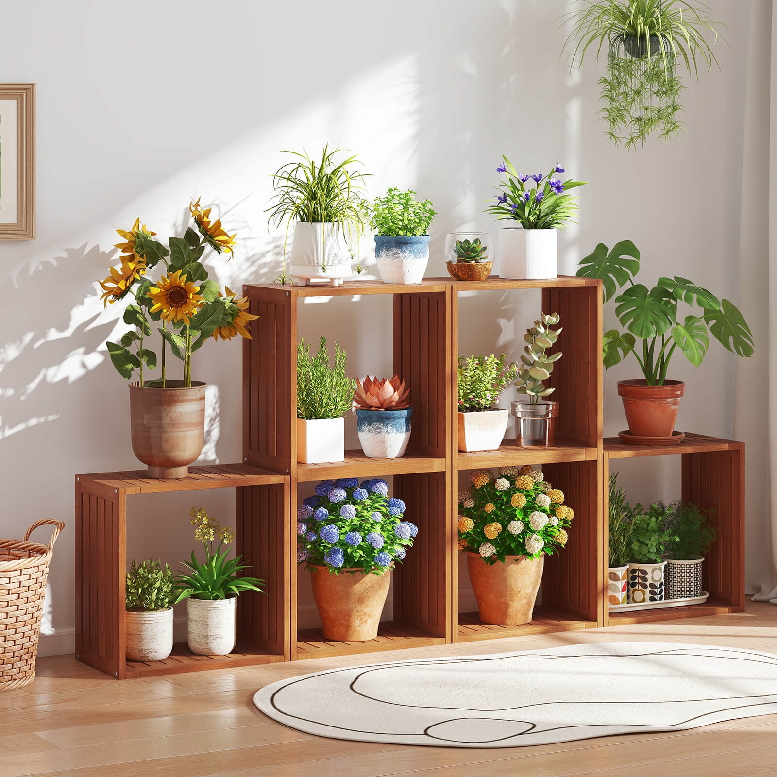 Costway 2 PCS 3 Cube Storage Organizers Stackable Bookcase Shelves for Small Spaces Teak
