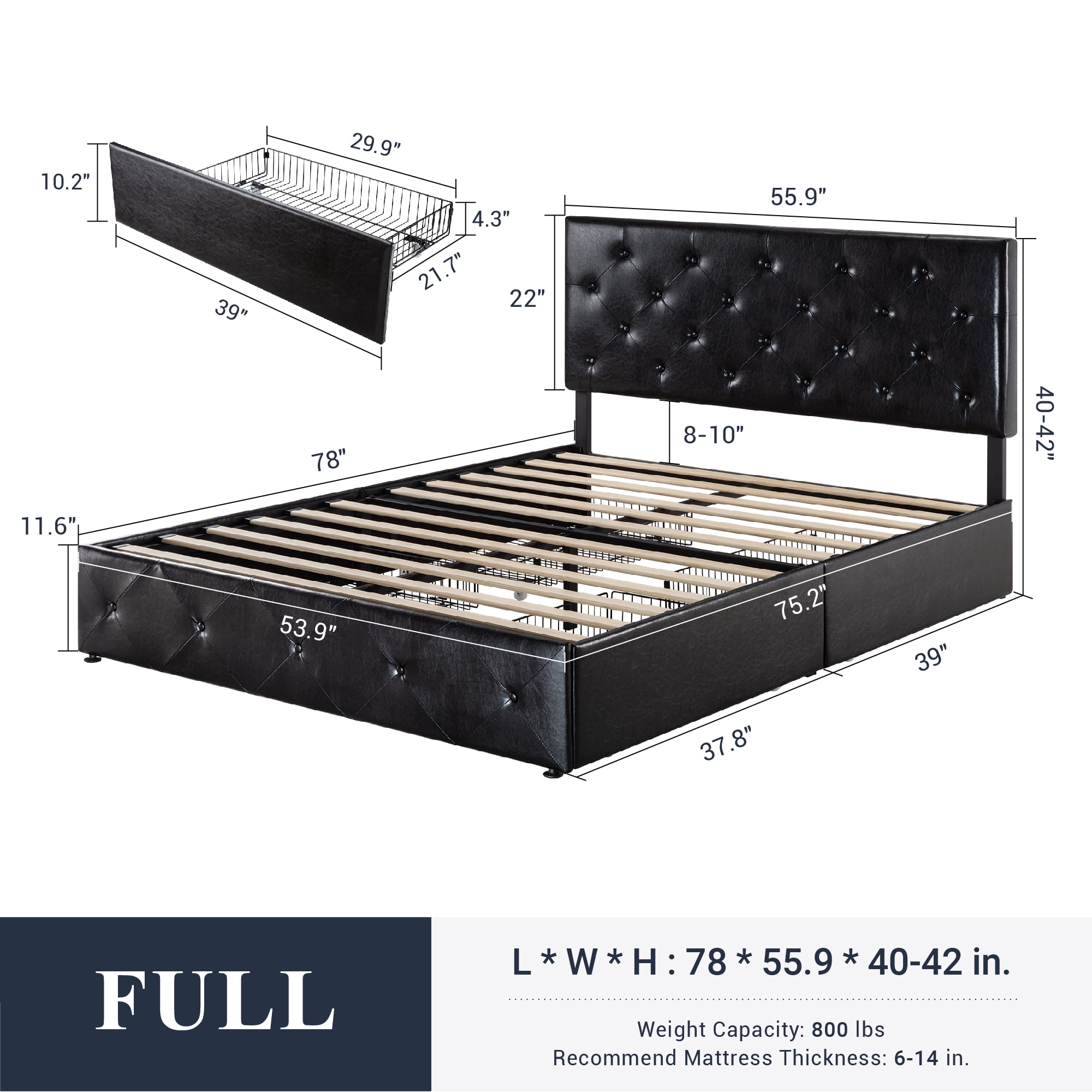 Sifurni Full Size Upholstered Platform Bed Frame with 4 Drawers and Diamond Stitched Button Tufted Headboard, Black