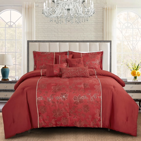 ESCA 7-Pieces Floral Red Comforter Set - Queen Size, Dalia Peony Embroidery Floral Bedding Set