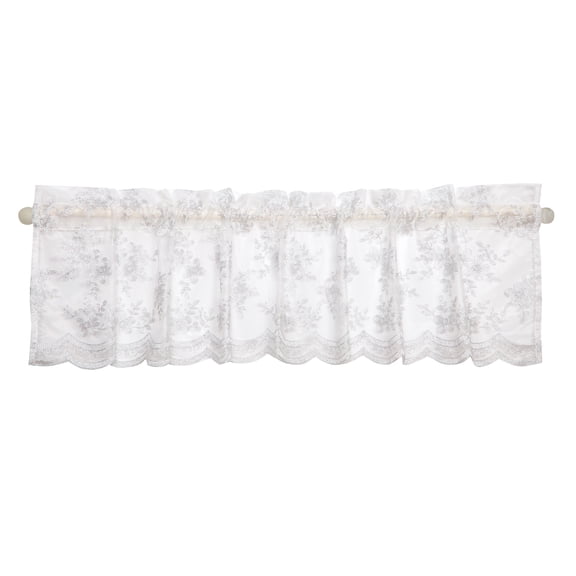 Violet Linen Ornate Vintage Boutique Lace Pattern, Polyester, Embroidered Sheer Lace, Silver, 60 Inch x 18 Inch, Decorative Window Treatment Rod Pocket Curtain Straight Valance