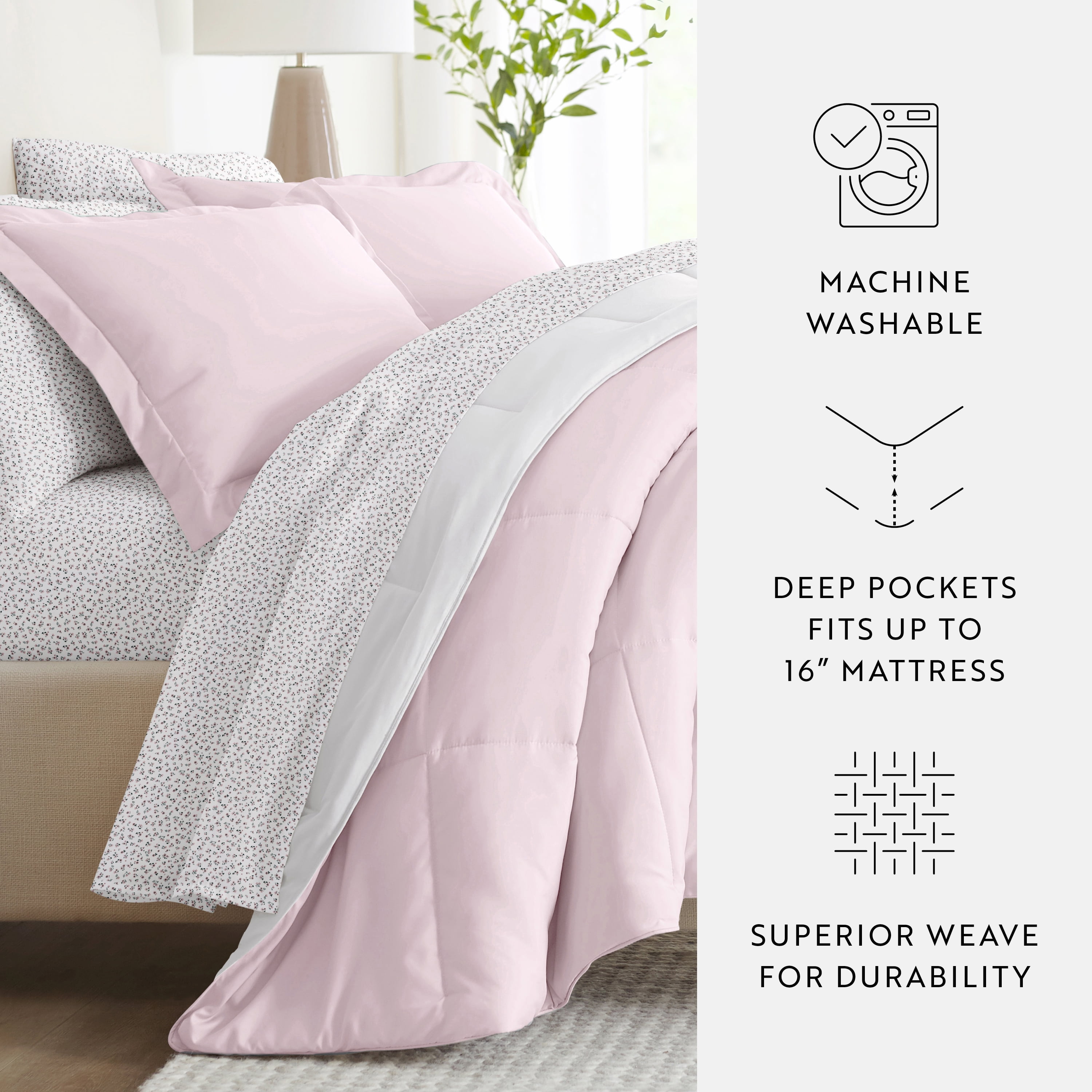 Noble Linens 5 Piece Bedding Bundle, Reversible Comforter and Patterned Sheet Set, Twin