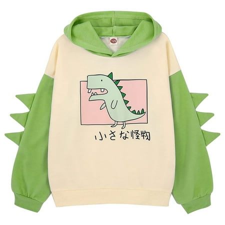 

Rovga Little Girls Dinosaur Hoodie Pullover Sweatshirt Cute Raglan Sleeve Splice Cartoon Hooded Winter Kids Casual Tops Cute Casual Coat