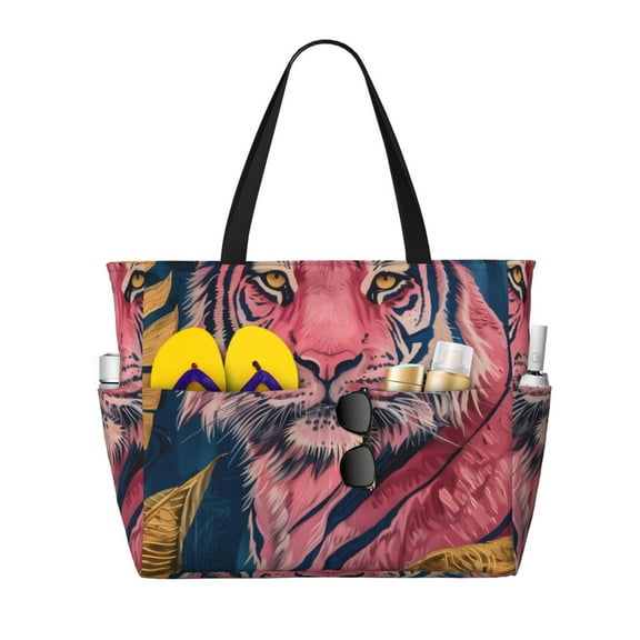 Fuzoiu Pink Tiger Gold Leaves Print Waterproof Beach Tote Bag for Women Girls with Zipper,Sandproof Pool Swim Bag,Large Capacity Beach Travel Bag for Pool Swim Travel Everyday