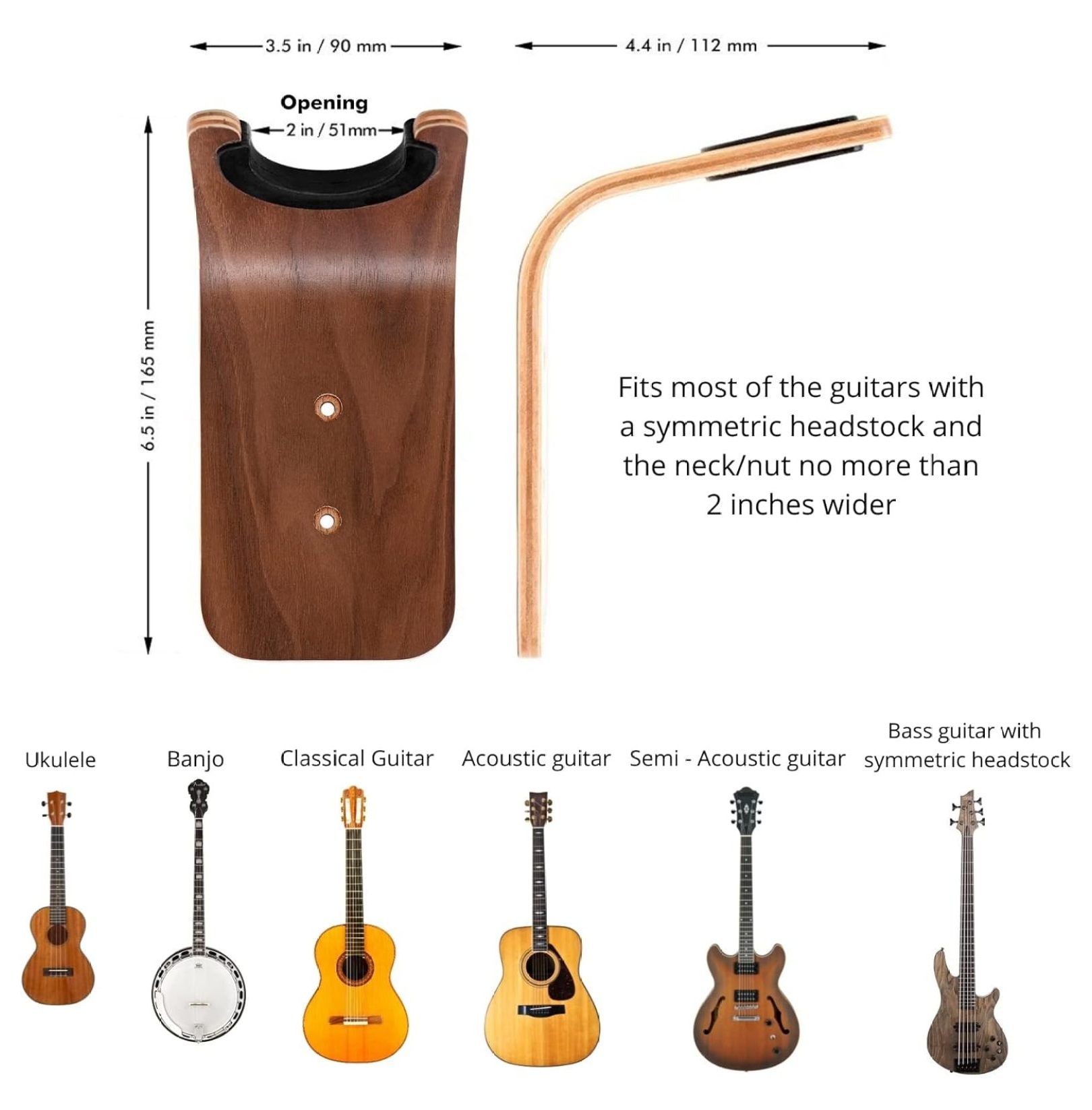 Guitar Wall Hanger - Secure Guitar Wall Mount for Acoustic/Ukulele - Space-Saving Guitar Accessories - Easy to Install Guitar Hook - Design Guitar Stand for Home/Studio Neck up to 2 in (50mm)