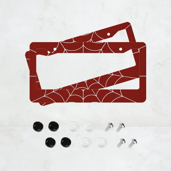 2PC Red White Spider Webs Pattern Funny License Plate Prame Aluminum Rust-Proof Auto Parts License Plate Decorative Screws Fit Standard 2 Holes 1 U.S. License Plate, 12.2x 6.3 Inch