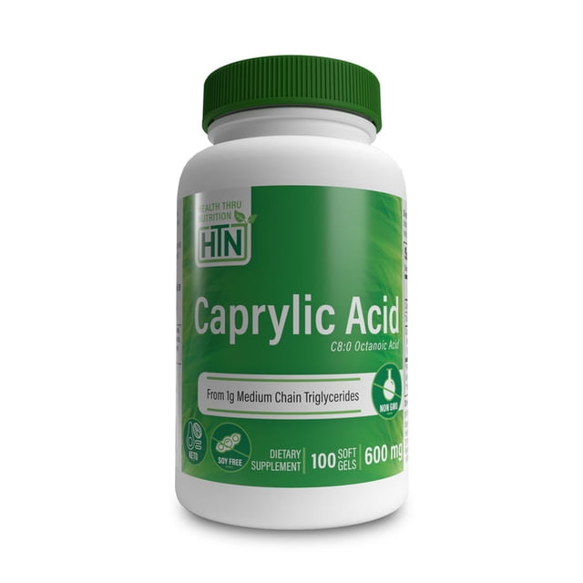 Health Thru Nutrition | Caprylic Acid, 600 Mg, 100 Caps | Ácido Caprilico, 600 Mg, 100 Cápsulas, Suplemento para el Apoyo Intestinal